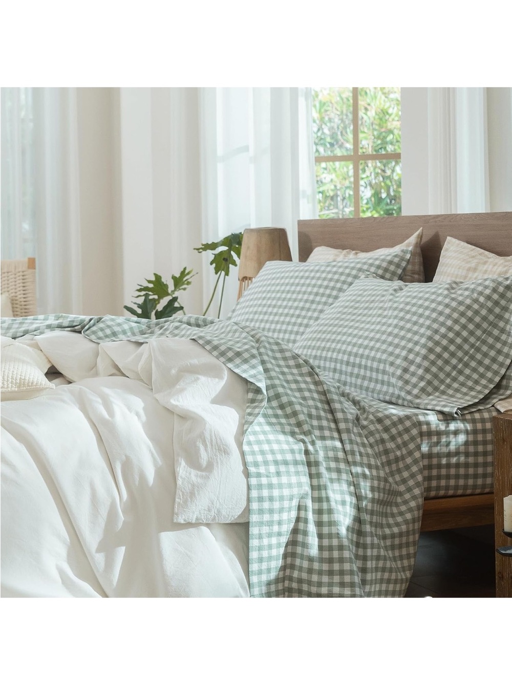 NEW MooMee Gingham Sheet Set 100% Washed Cotton Linen-Like Deep Pocket King